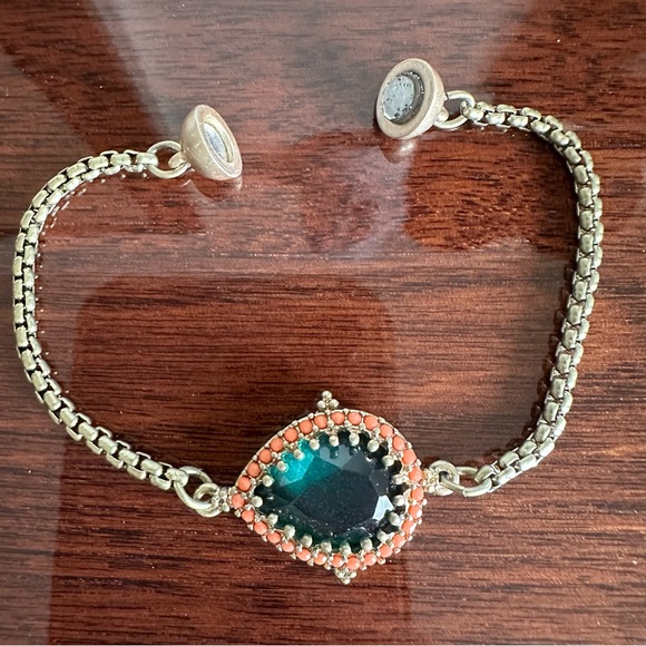 Anthropologie Orbite Gold Chain Bracelet with Turquoise Blue Crystal Charm - Picture 4 of 5